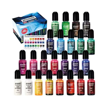 Alcohol Ink Set - New Improved Formula - 24 Highly Saturated Alcohol Inks - Fast-Drying and Permanent Inks - Versatile Alcohol Ink for Epoxy Resin, Tumblers, Fluid Art Painting, Glass, Metal etc
